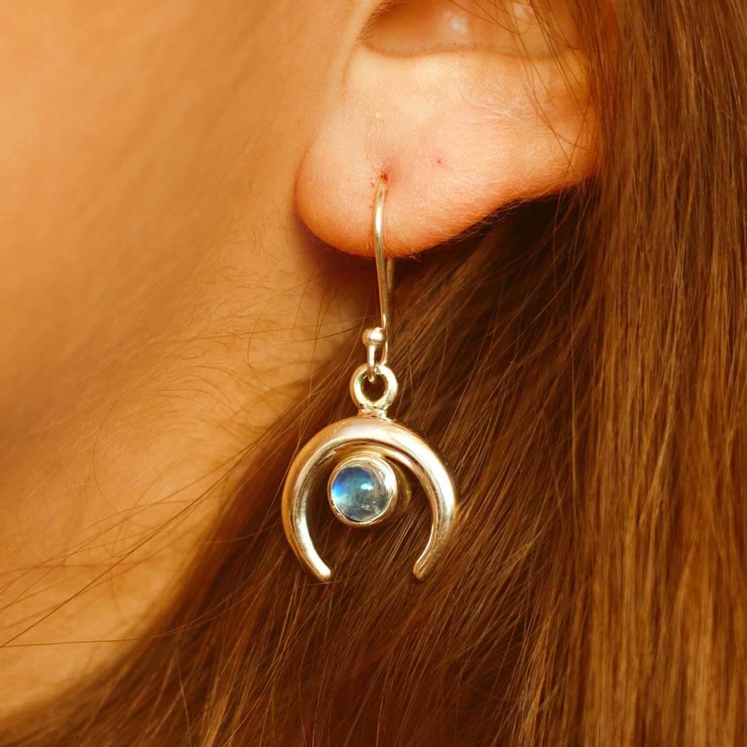 Crescent Moon Earrings with Moonstone Sterling Silver