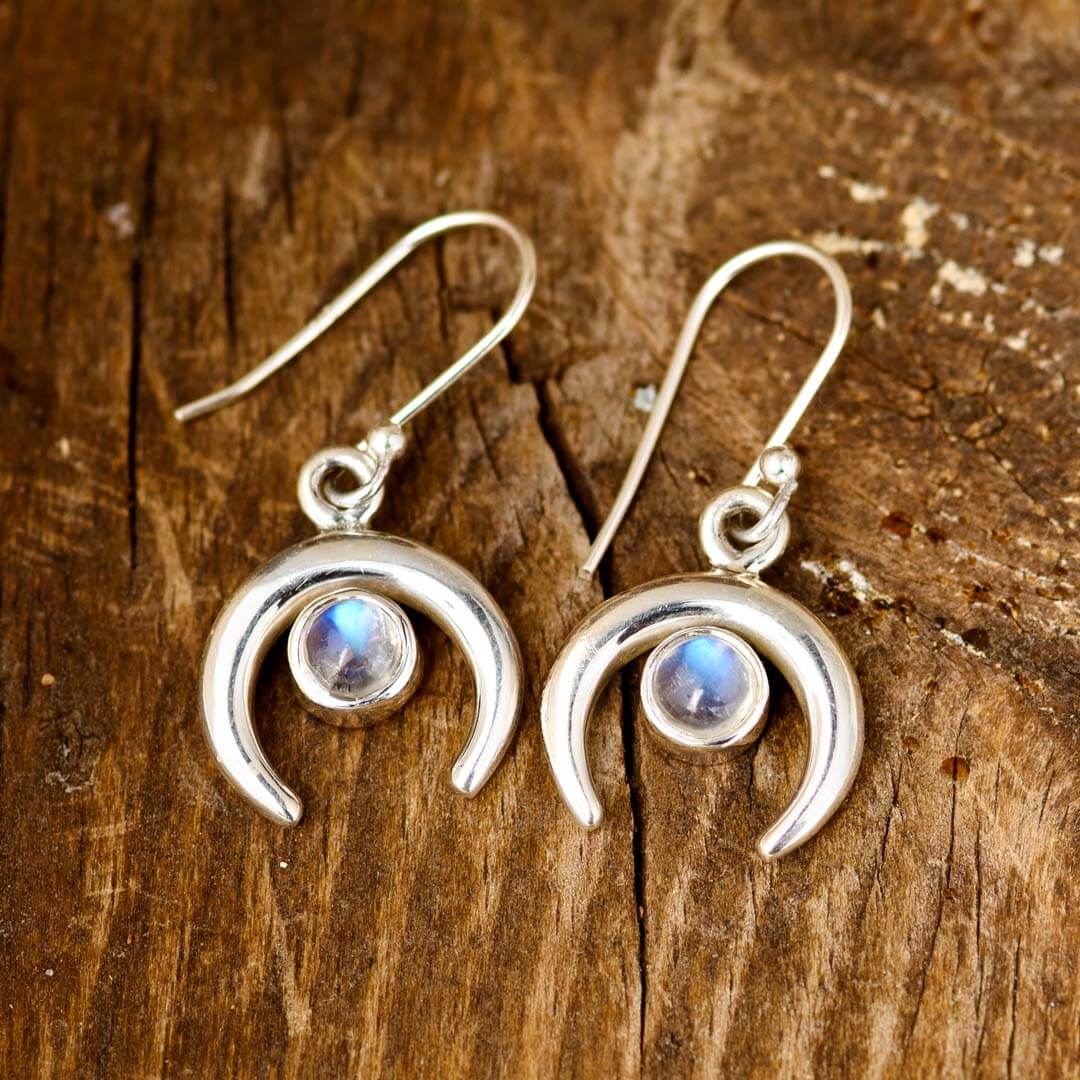 Crescent Moon Earrings with Moonstone Sterling Silver
