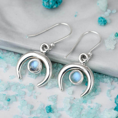Crescent Moon Earrings with Moonstone Sterling Silver - Boho Magic