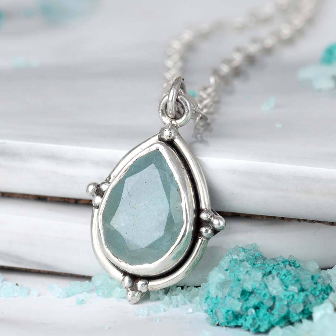 Aquamarine Teardrop Pendant Necklace Sterling Silver