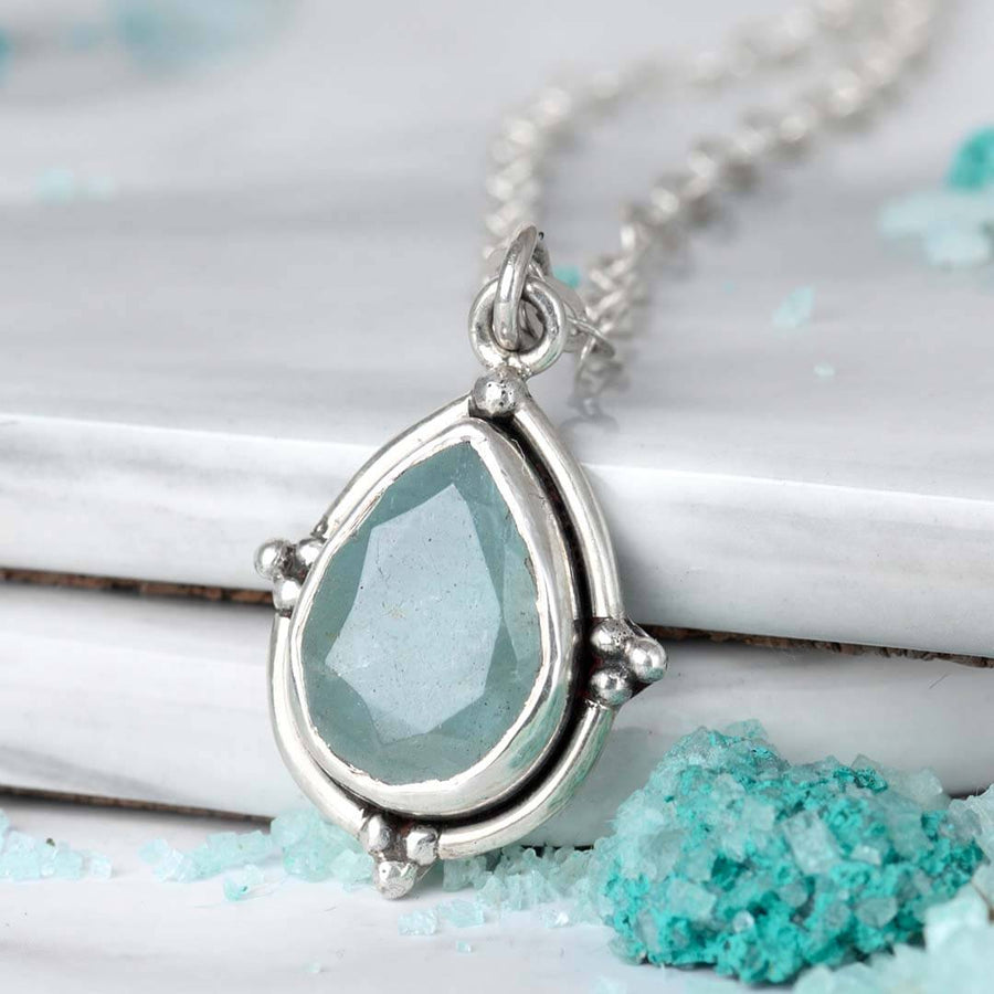 Teardrop Faceted Aquamarine Crystal Pendant Necklace with Swarovski crystals