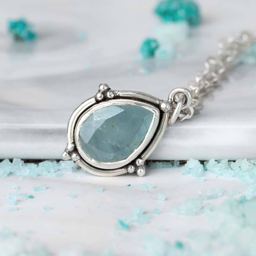 Aquamarine Teardrop Pendant Necklace Sterling Silver