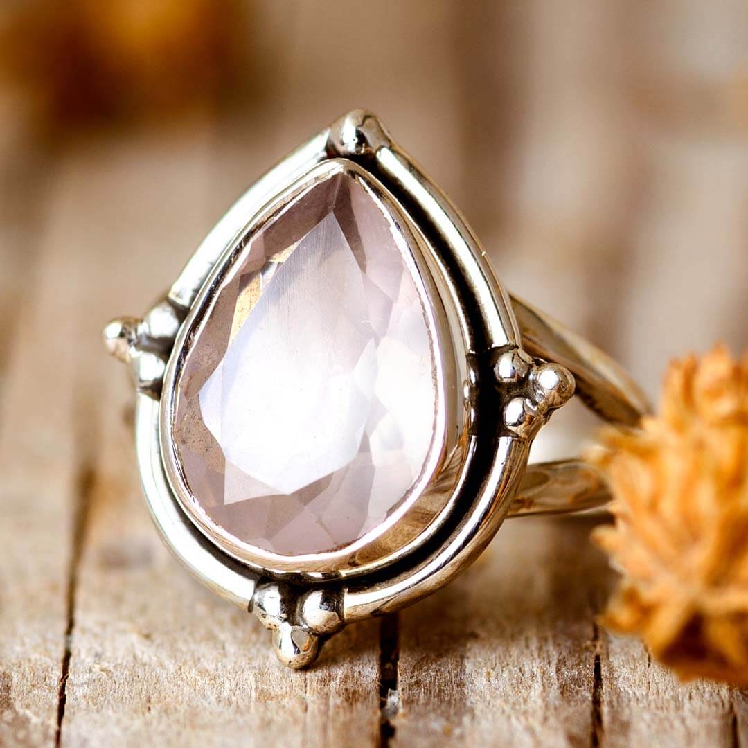 Rose Quartz Teardrop Ring Sterling Silver