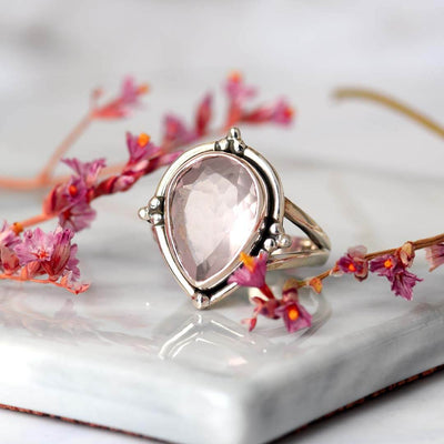 Rose Quartz Teardrop Ring Sterling Silver - Boho Magic