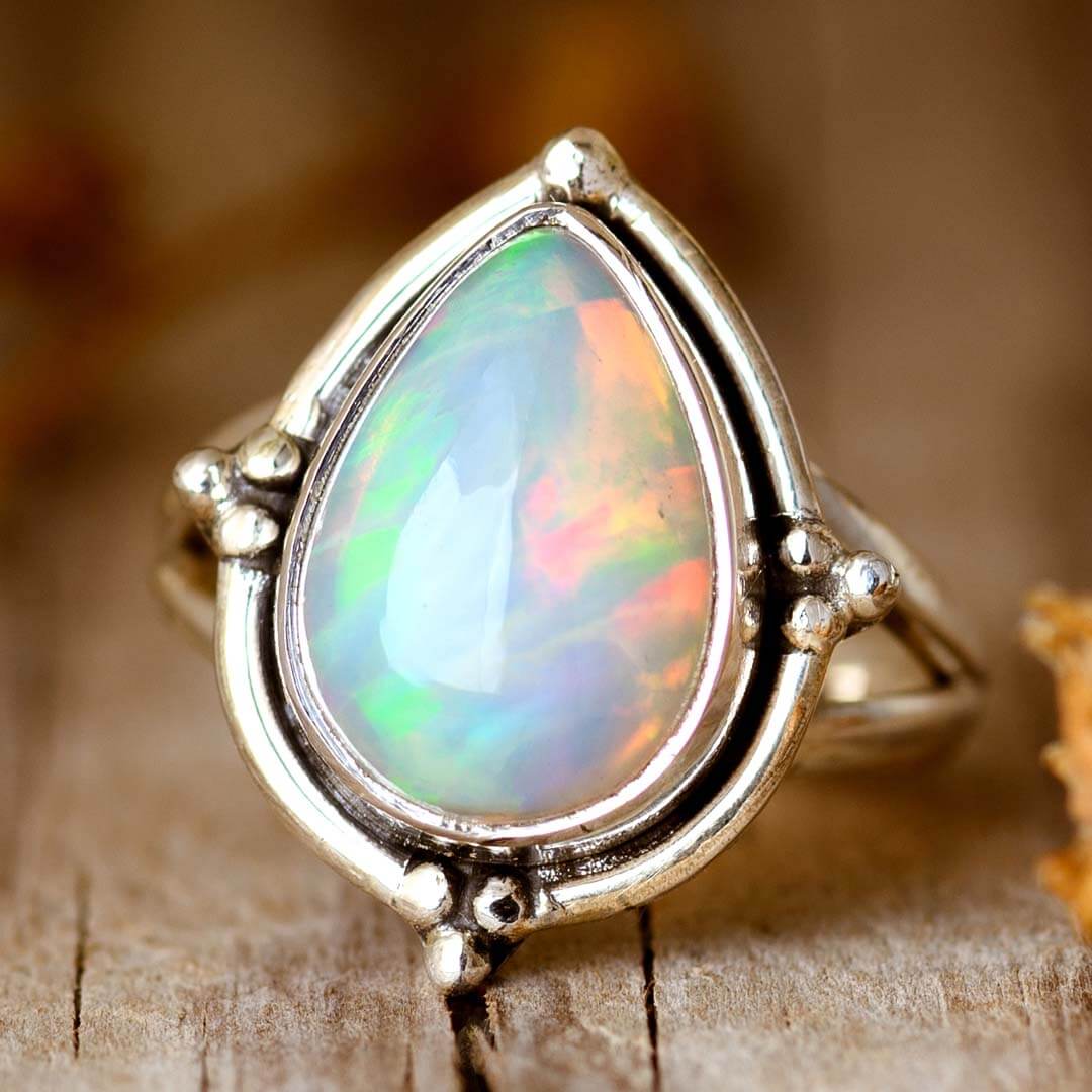 Opal Teardrop Ring Sterling Silver