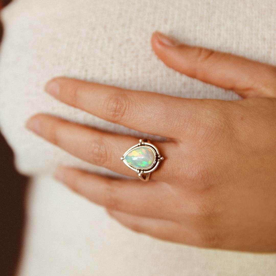 Opal Teardrop Ring Sterling Silver