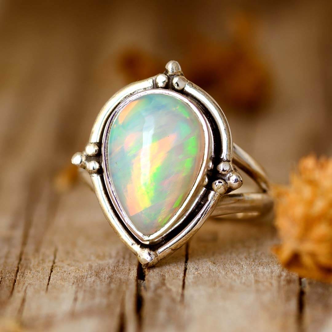 Opal Teardrop Ring Sterling Silver