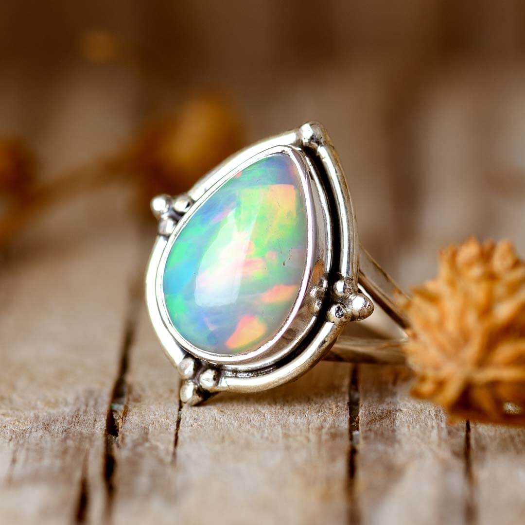 Opal Teardrop Ring Sterling Silver