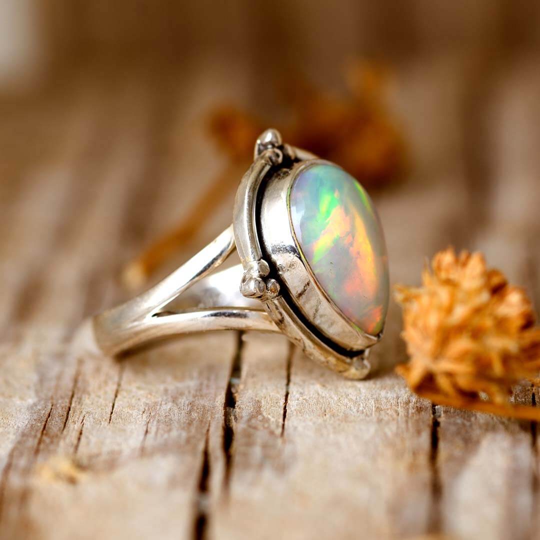 Opal Teardrop Ring Sterling Silver