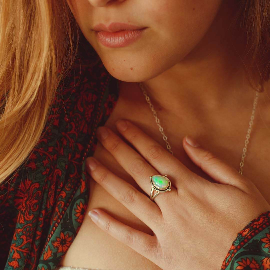 Opal Teardrop Ring Sterling Silver