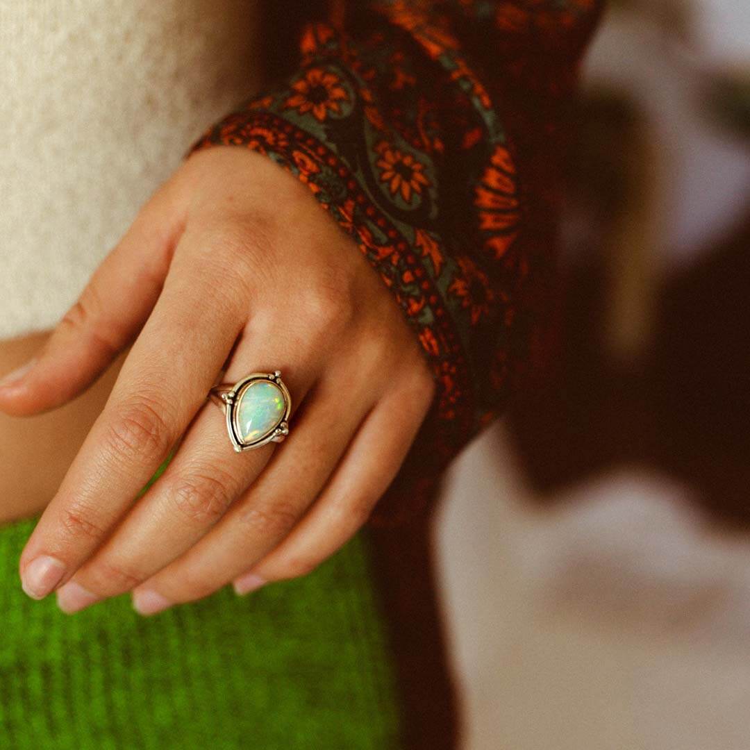 Opal Teardrop Ring Sterling Silver