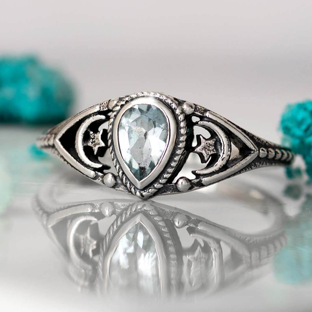 Aquamarine Stars Moon Ring Sterling Silver – Boho Magic Jewelry