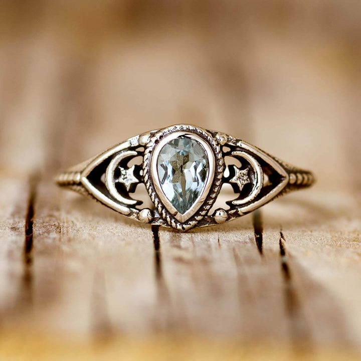 Aquamarine Stars Moon Ring Sterling Silver