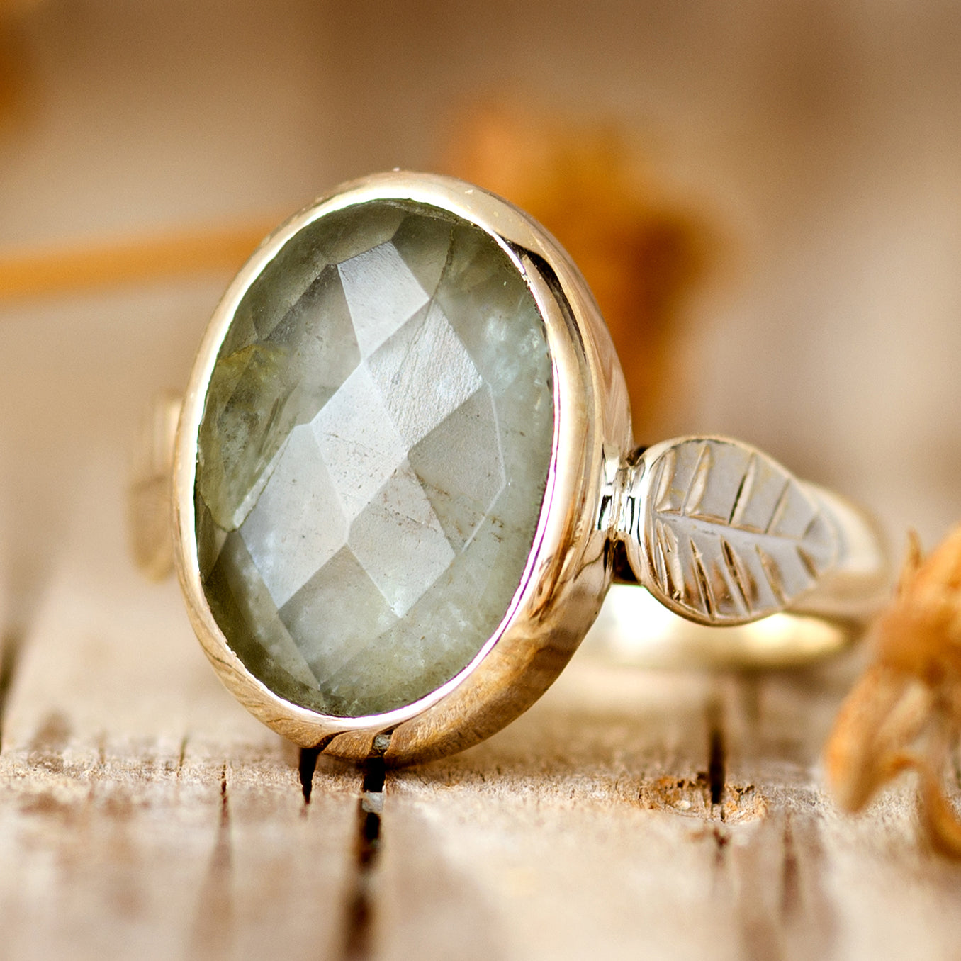 Aquamarine Leaf Ring Sterling Silver