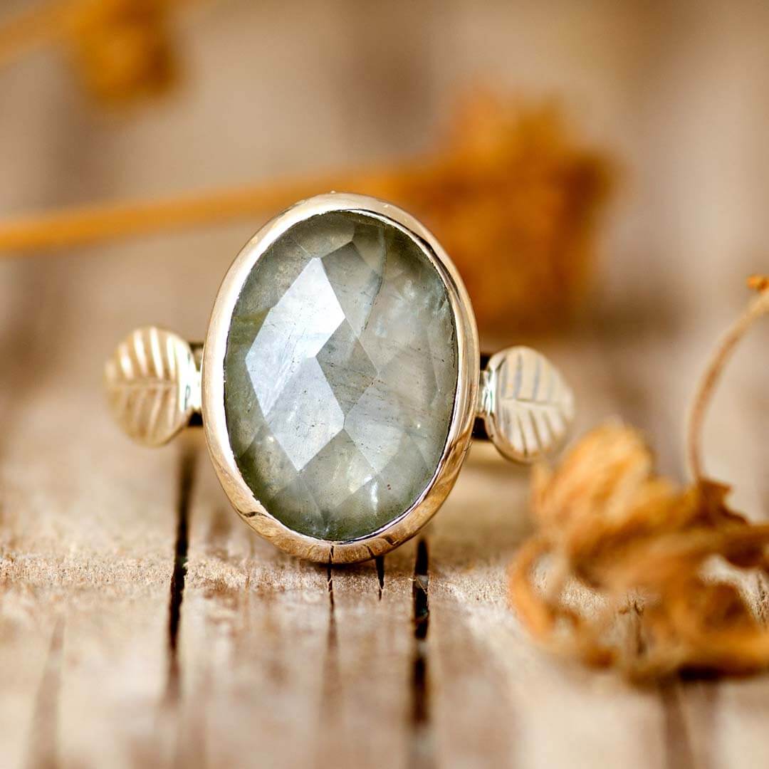 Aquamarine Leaf Ring Sterling Silver