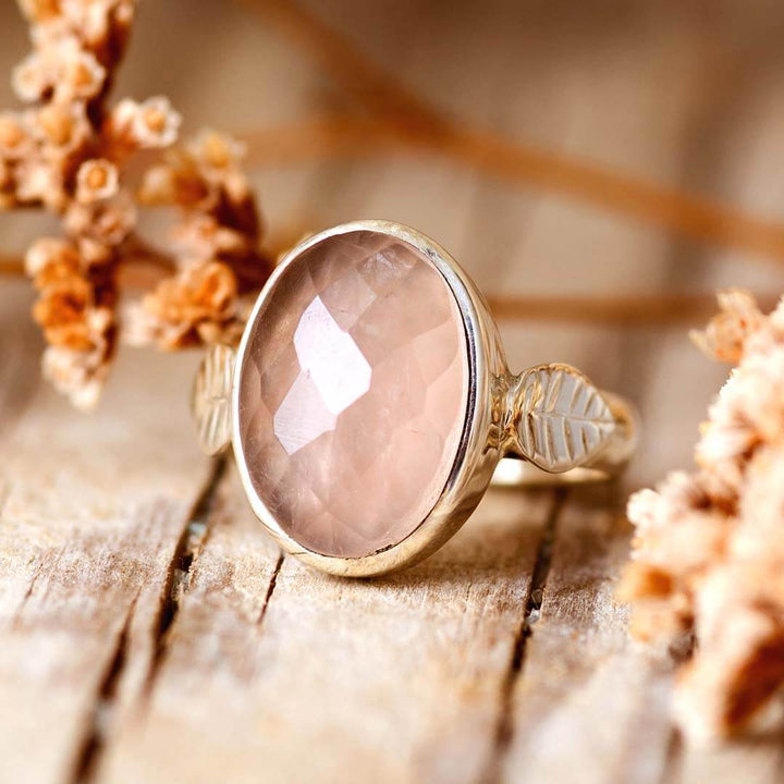 Rose Quartz Leaf Ring Sterling Silver