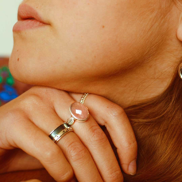 Rose Quartz Leaf Ring Sterling Silver