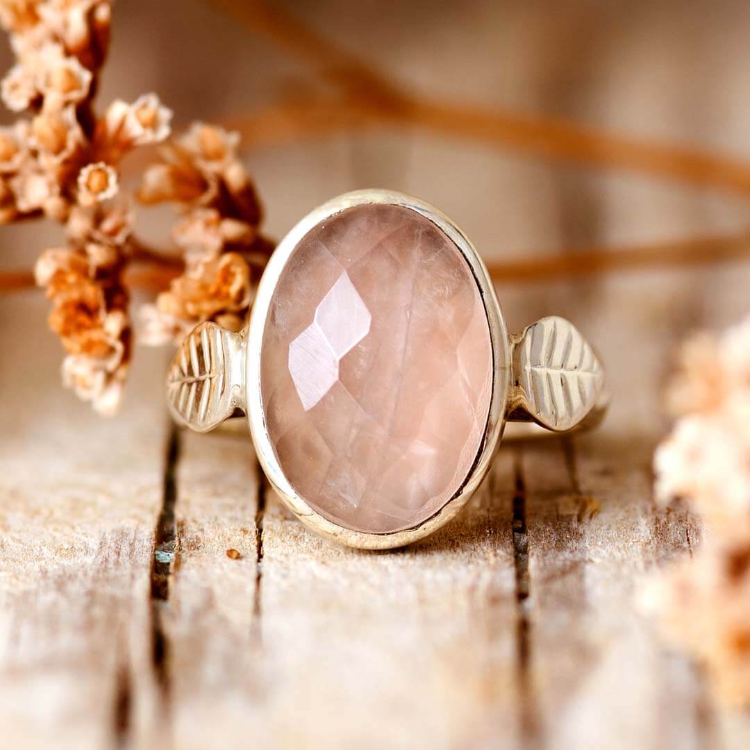 Rose Quartz Leaf Ring Sterling Silver