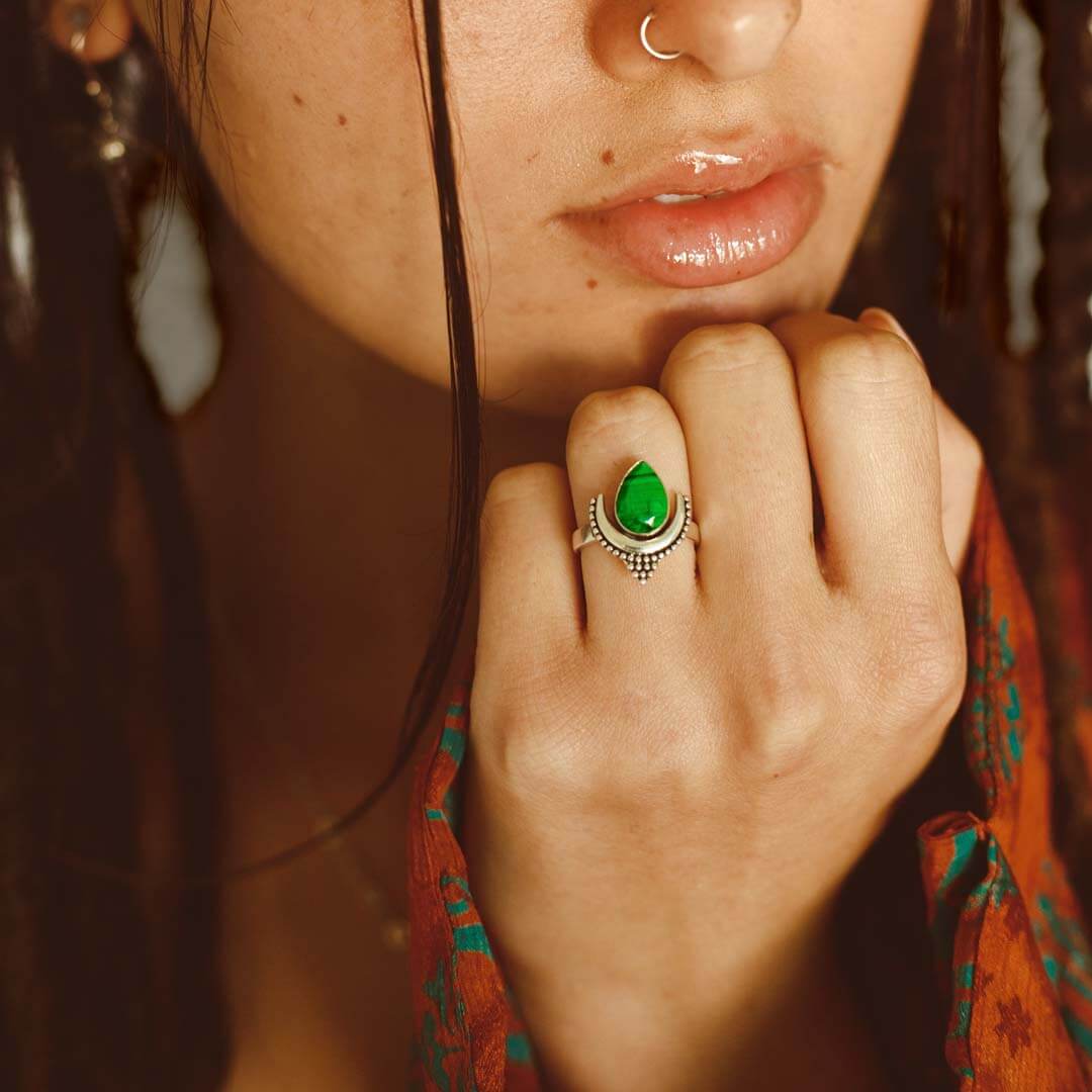 Boho Malachite Moon Ring Sterling Silver