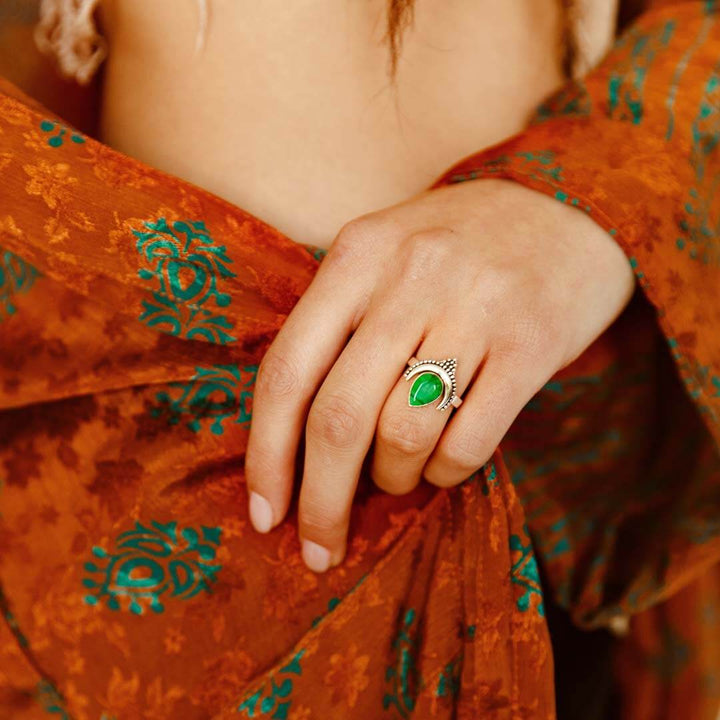 Boho Malachite Moon Ring Sterling Silver