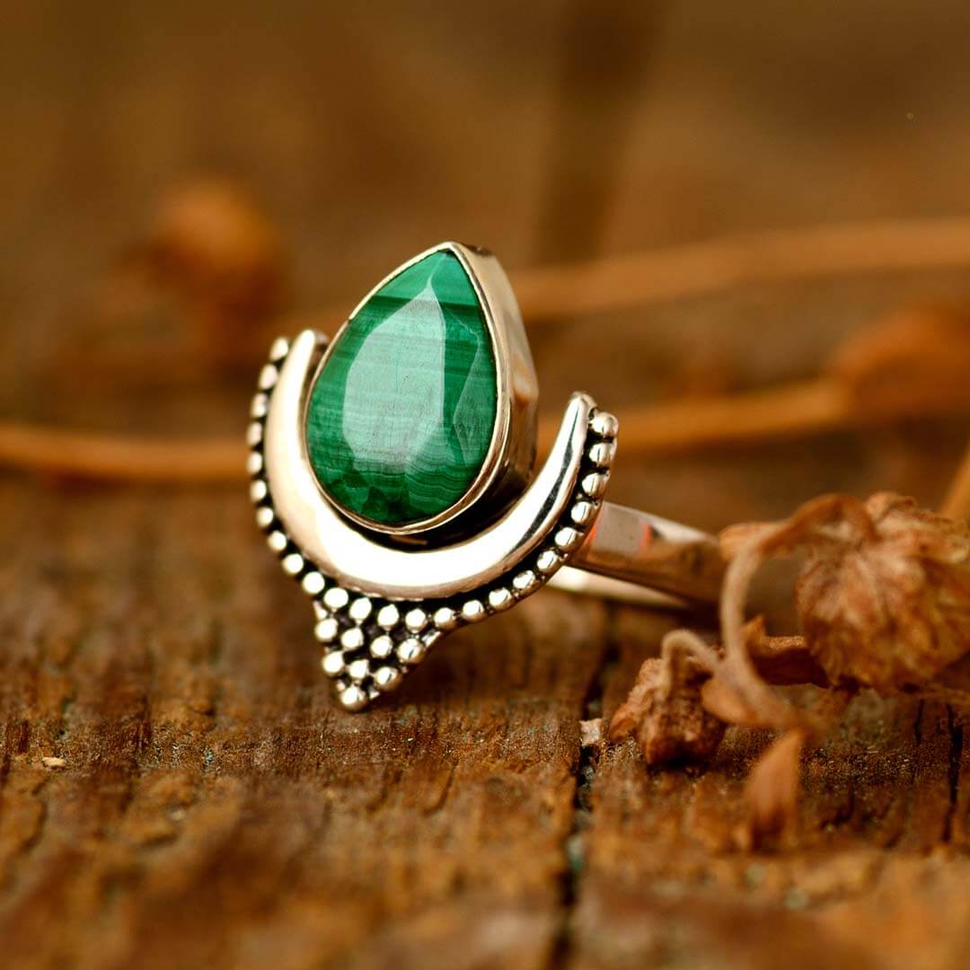 Boho Malachite Moon Ring Sterling Silver