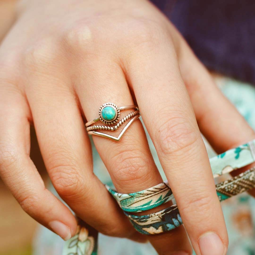 Chevron Turquoise Stone Ring Sterling Silver