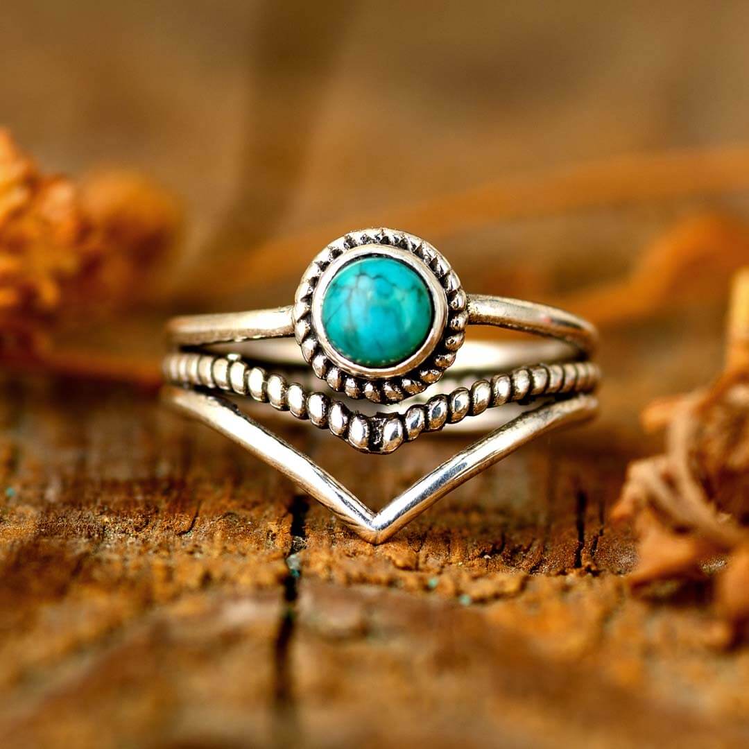 Chevron Turquoise Stone Ring Sterling Silver