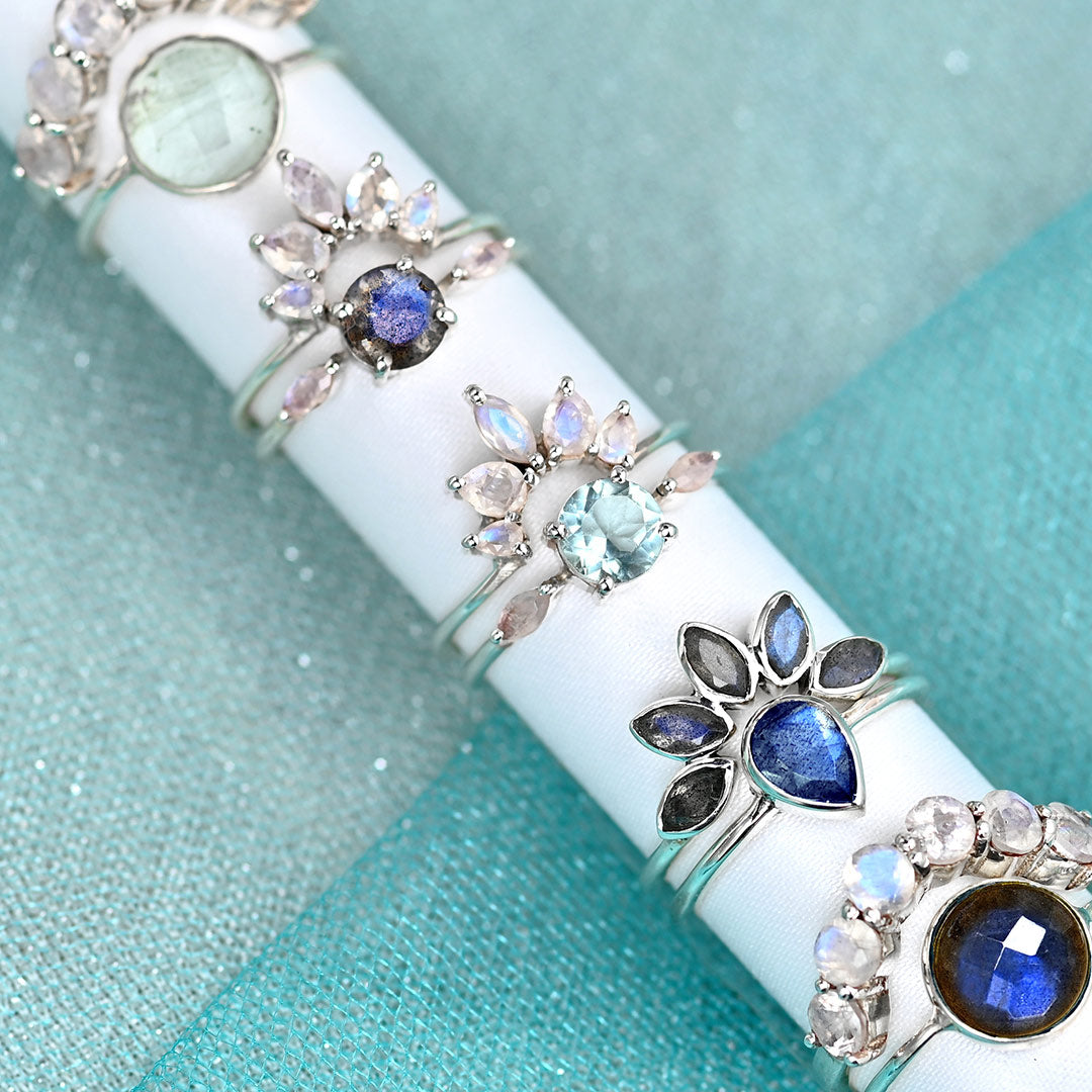 Aquamarine and Moonstone Stackable Ring Set Sterling Silver