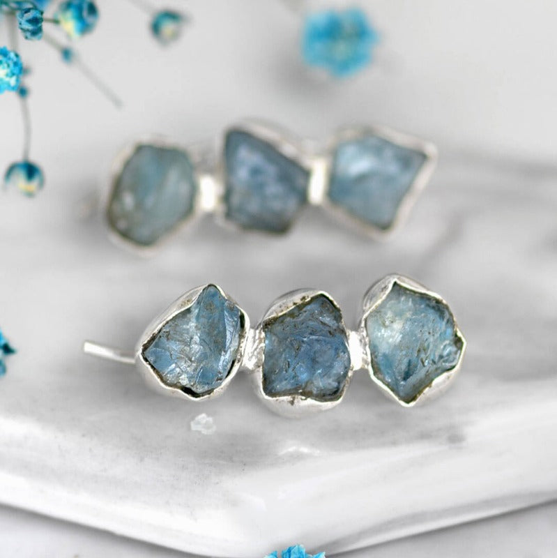 Raw Aquamarine Ear Climber Earrings Sterling Silver