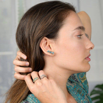 Raw Aquamarine Ear Climber Earrings Sterling Silver - Boho Magic