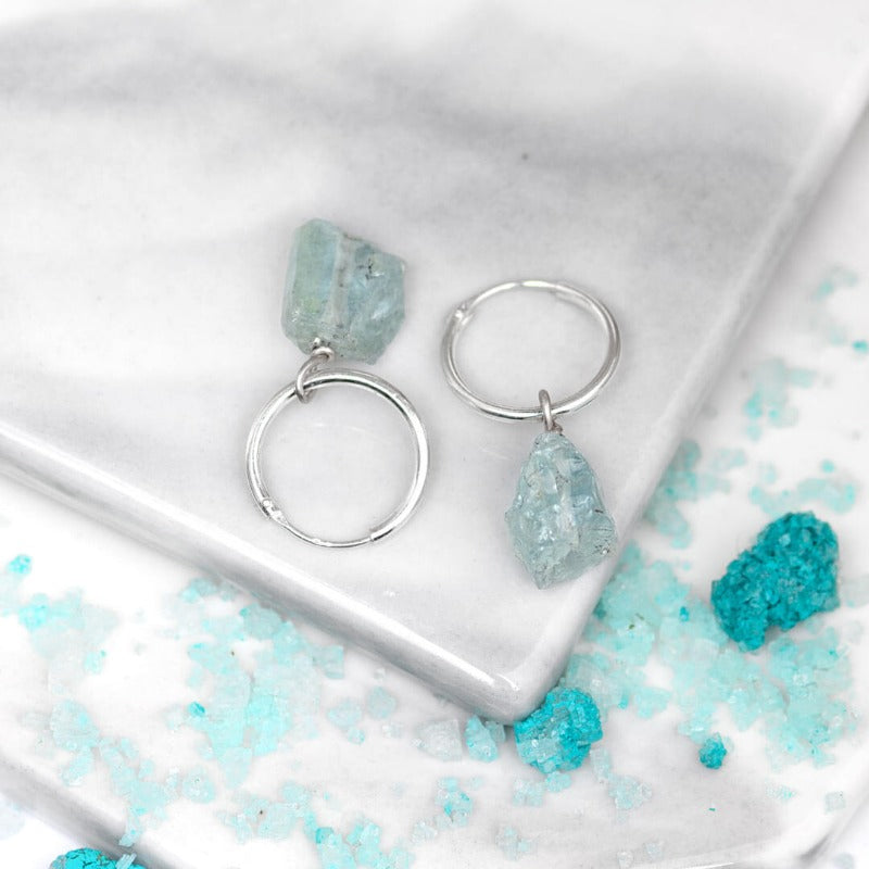 Raw Aquamarine Sterling Silver Hoop Earrings