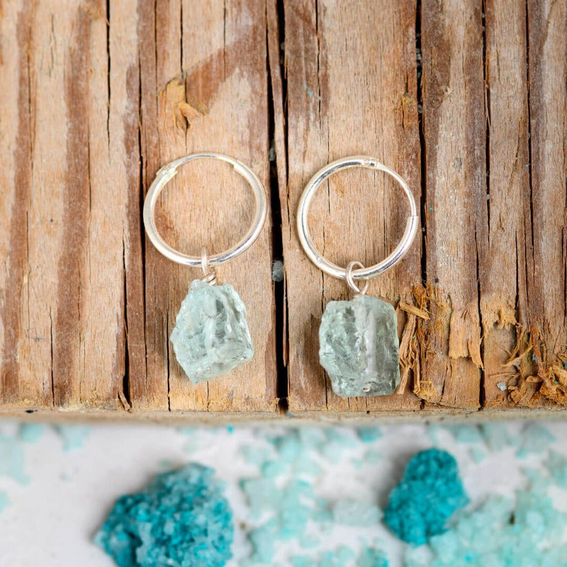 Raw Aquamarine Sterling Silver Hoop Earrings