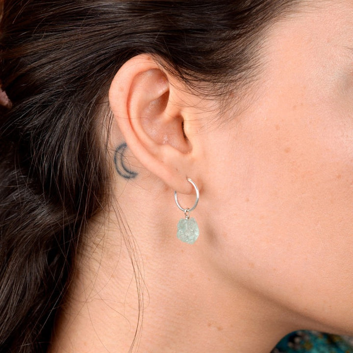 Raw Aquamarine Sterling Silver Hoop Earrings