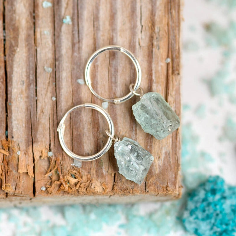 Raw Aquamarine Sterling Silver Hoop Earrings