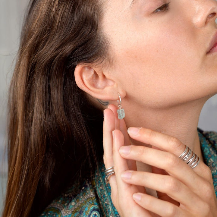 Raw Aquamarine Sterling Silver Hoop Earrings