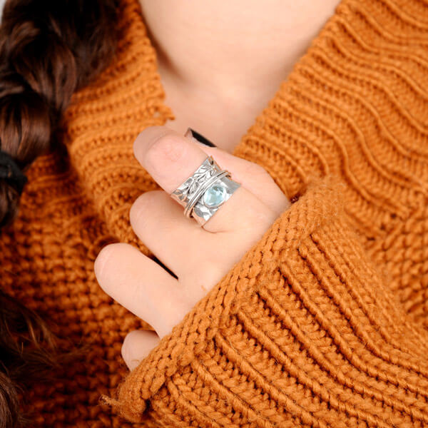 Aquamarine Leaf Spinner Ring Sterling Silver