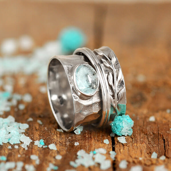 Aquamarine Leaf Spinner ring Sterling Silver
