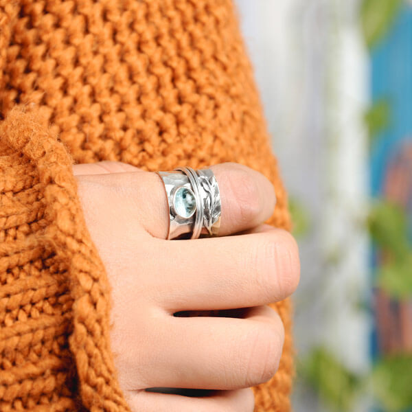 Aquamarine Leaf Spinner Ring Sterling Silver