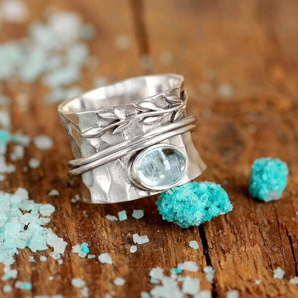 Aquamarine Leaf Spinner Ring Sterling Silver