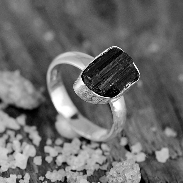 Raw Black Tourmaline Ring Sterling Silver