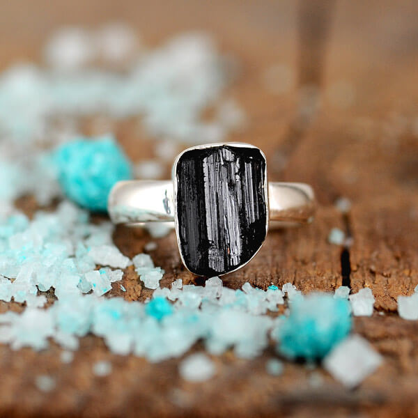 Raw Black Tourmaline Ring Sterling Silver