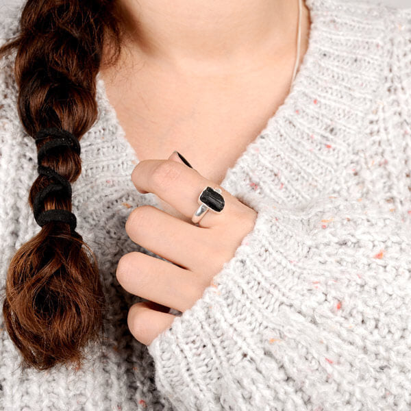 Raw Black Tourmaline Ring Sterling Silver