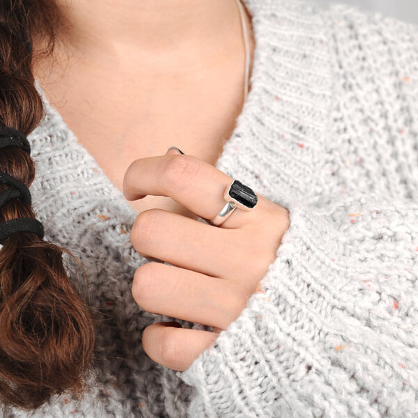 Raw Black Tourmaline Ring Sterling Silver