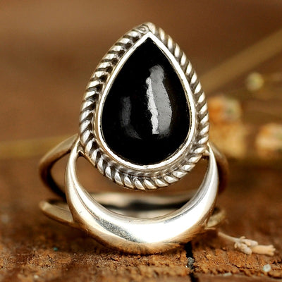Black Tourmaline Moon Ring Sterling Silver - Boho Magic