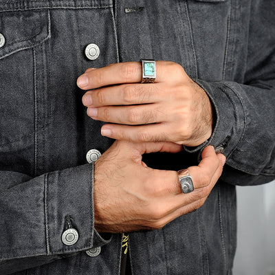 Turquoise Square Signet Ring for Men Sterling Silver - Boho Magic