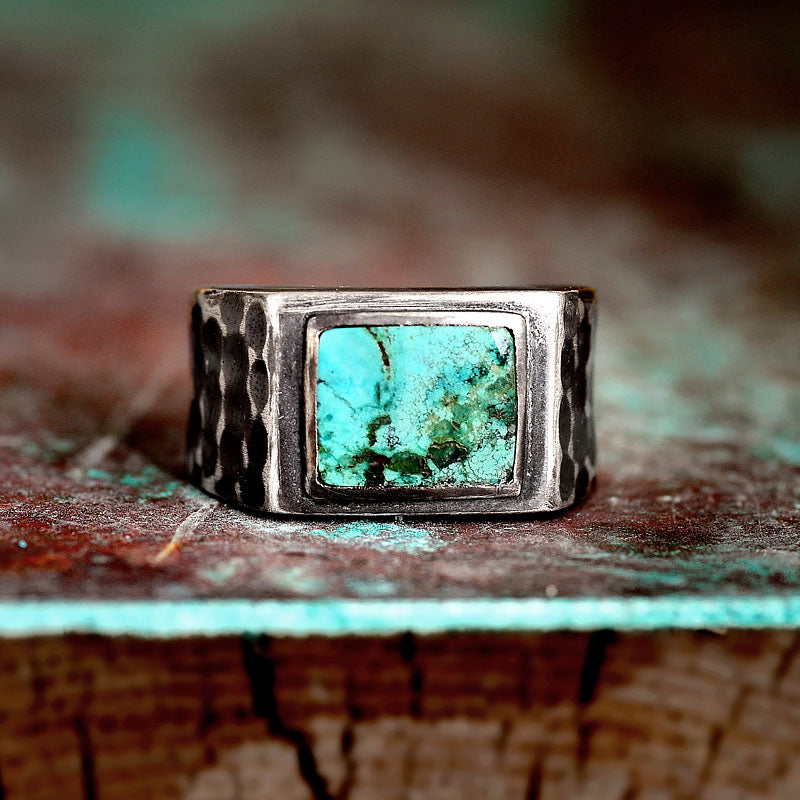 Mens Turquoise Silver Native American Ring Linear Sterling Signet Style 8 to sale 12 Sizes 1990