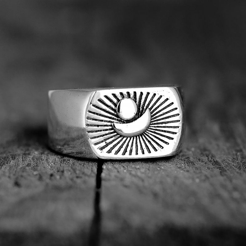 Sun and Moon Signet Ring for Men Sterling Silver