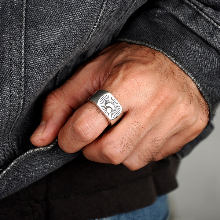 Sun and Moon Signet Ring for Men Sterling Silver