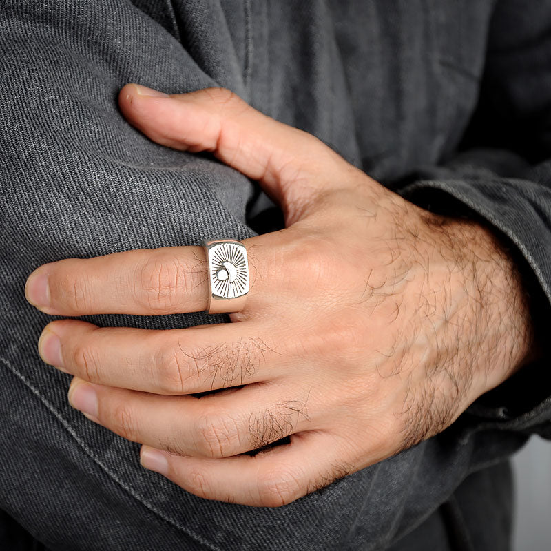 Sun and Moon Signet Ring for Men Sterling Silver