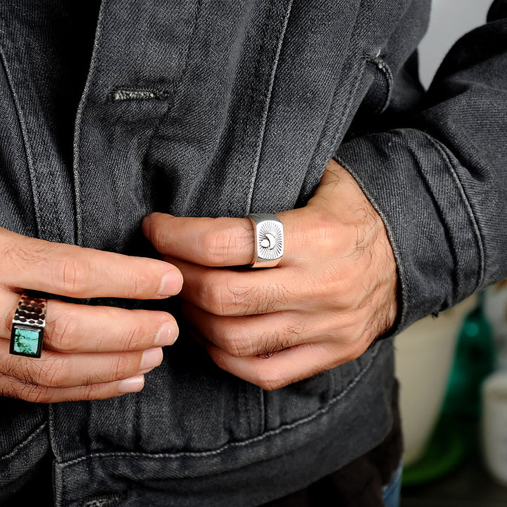 Sun and Moon Signet Ring for Men Sterling Silver